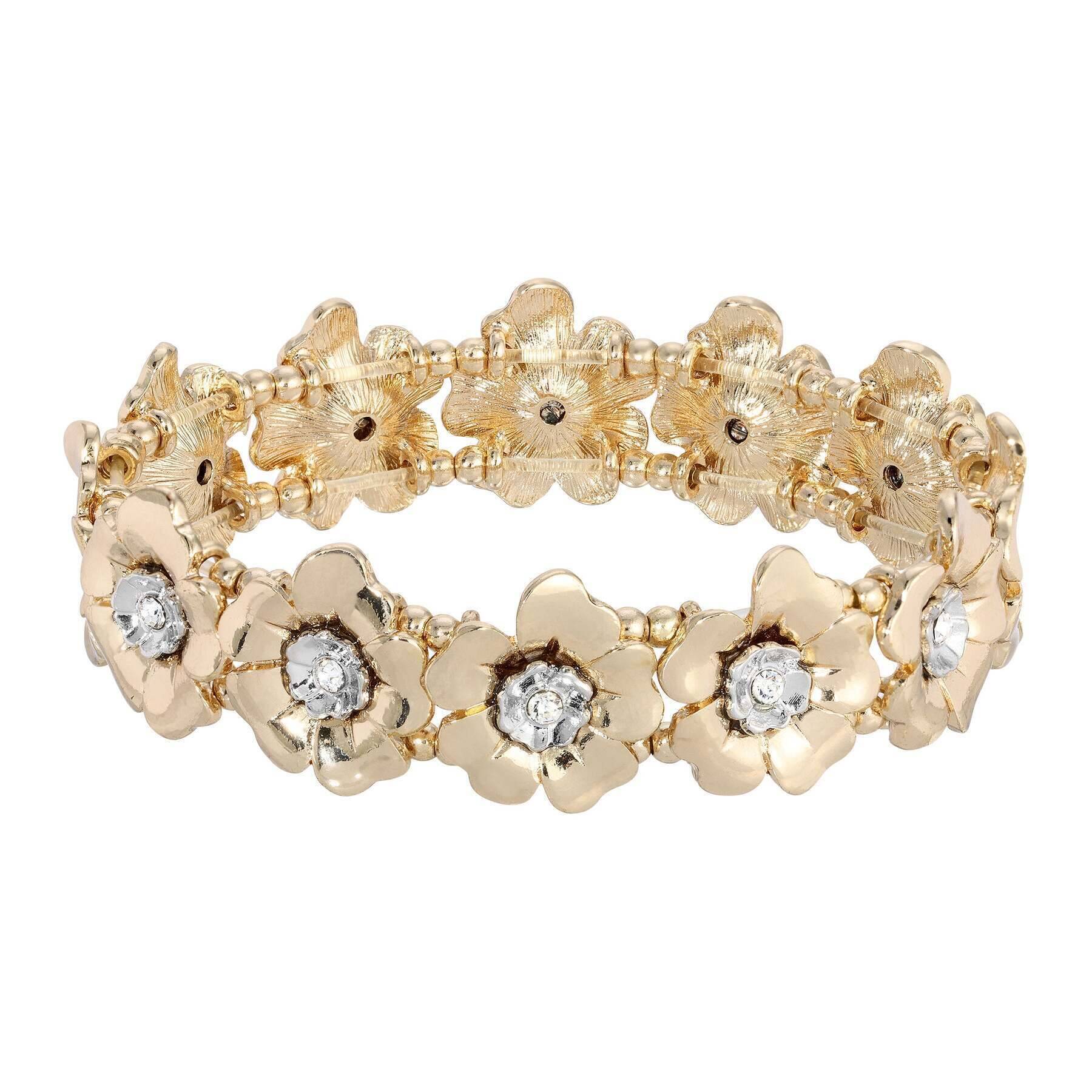 2028 Jewelry Two Tone Crystal Flower Stretch Bracelet