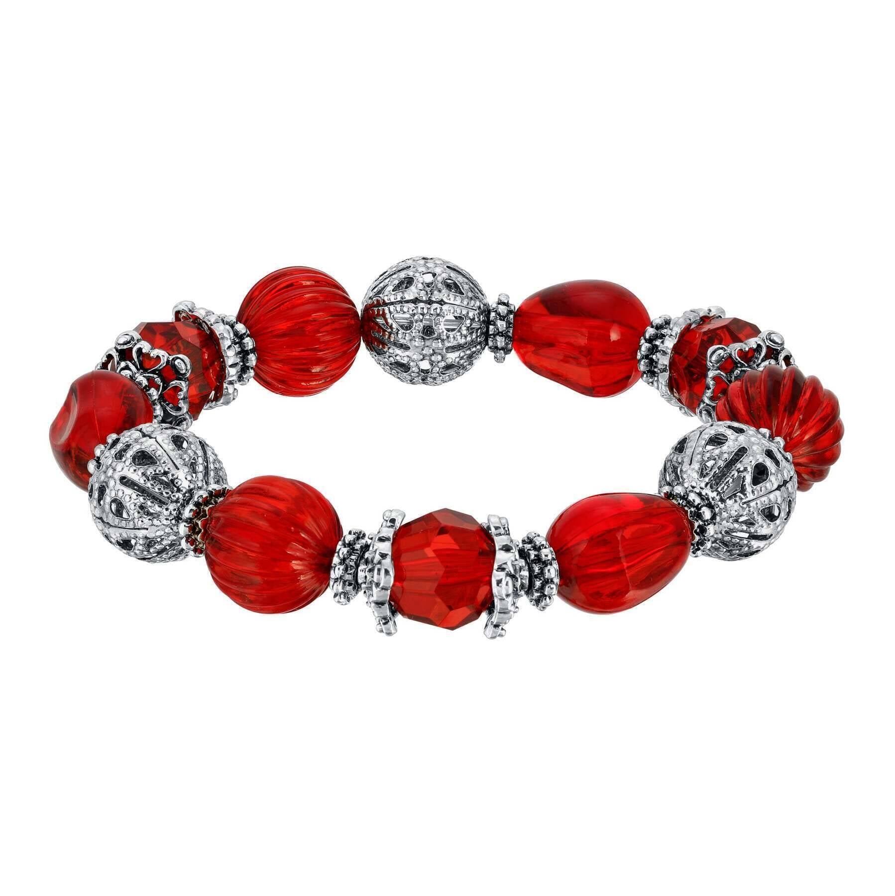 1928 Jewelry Siam Red Multi Beaded Round Filigree Ball Stretch Bracelet