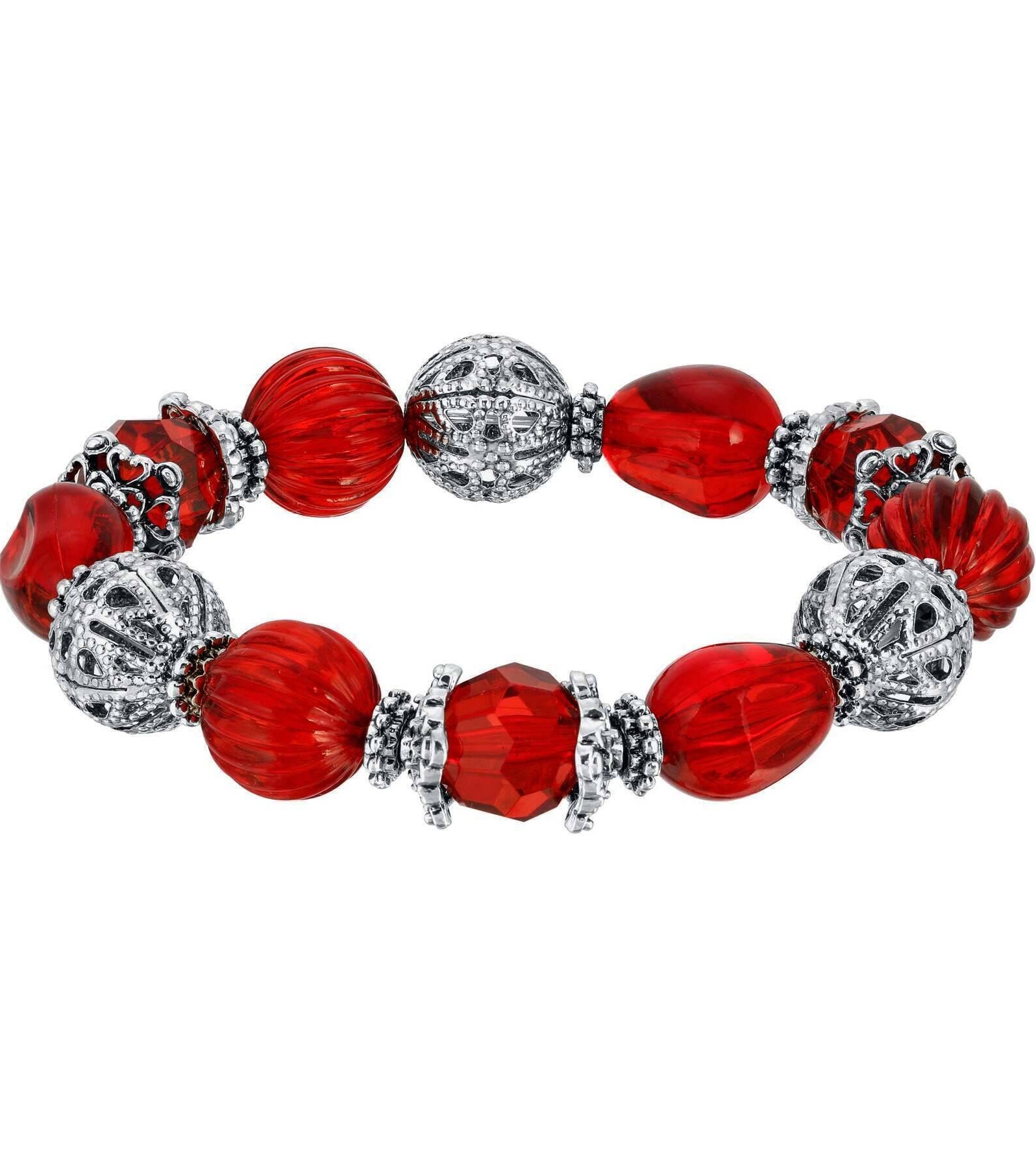 1928 Jewelry Siam Red Multi Beaded Round Filigree Ball Stretch Bracelet