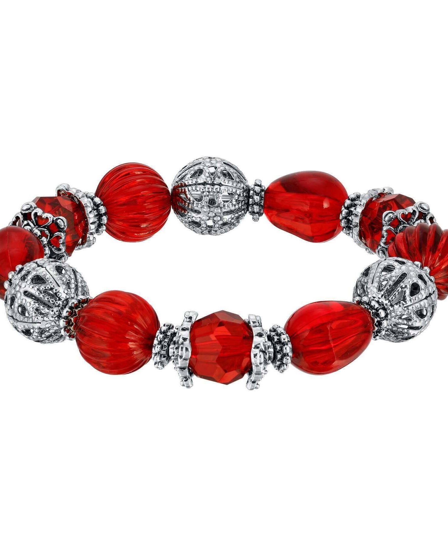 1928 Jewelry Siam Red Multi Beaded Round Filigree Ball Stretch Bracelet