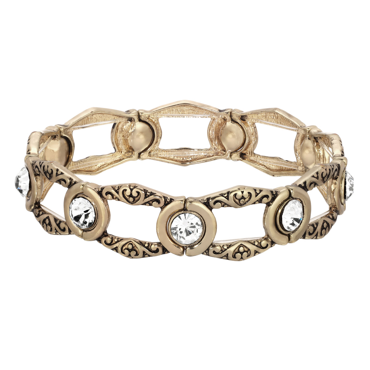 Golden Clear Crystal & Vintage Style Open Work Stretch Bracelet - Crystal Clear