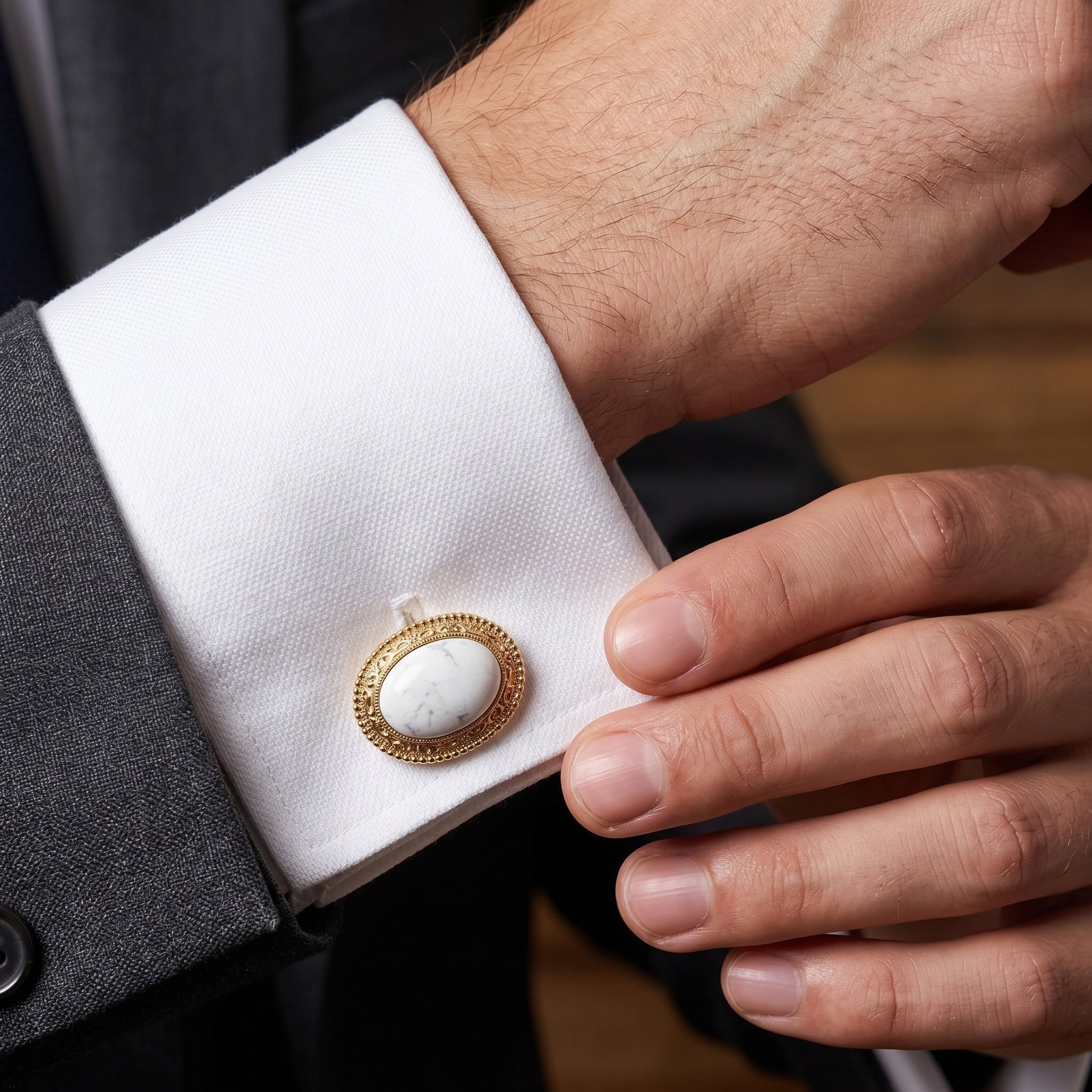 Close-up of a hand adjusting a cufflink on a white shirt cuff.