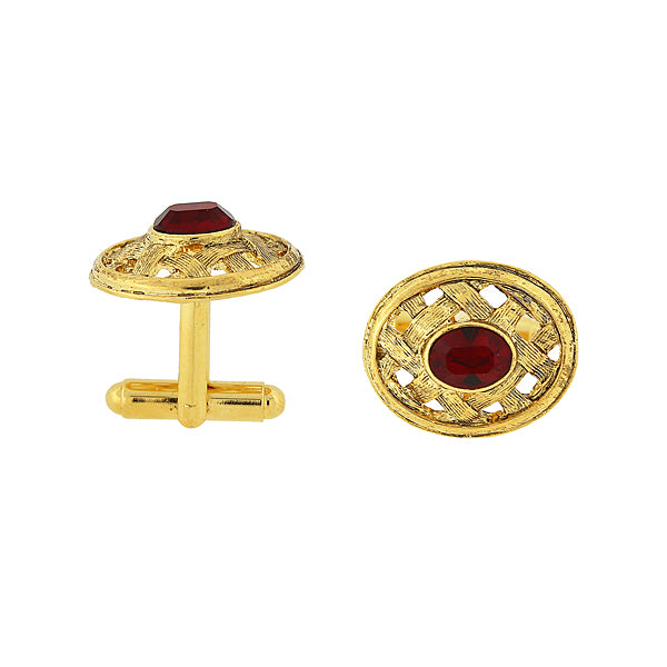Golden Lattice & Oval Siam Red Crystal Cufflinks