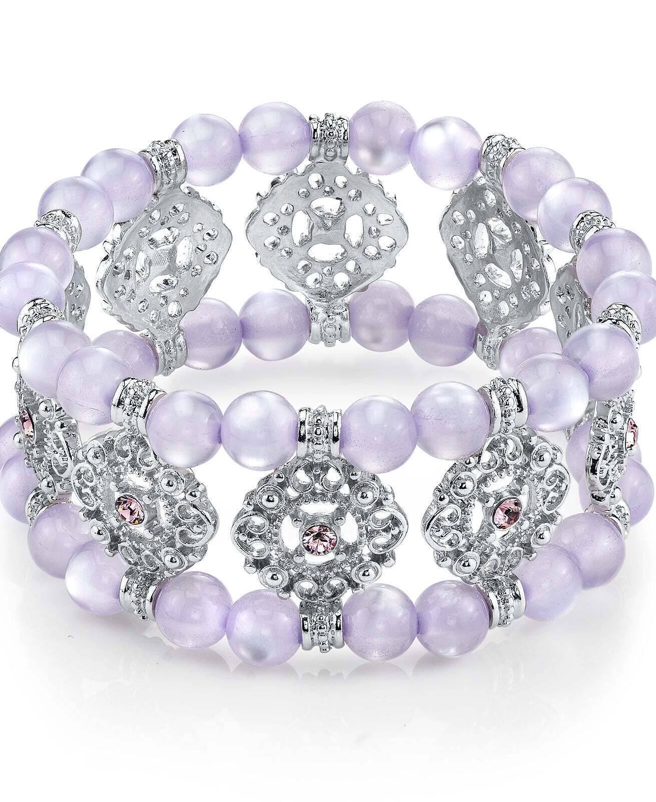 1928 Jewelry Smooth Cat's Eye Beaded Filigree Crystal Stretch Bracelet