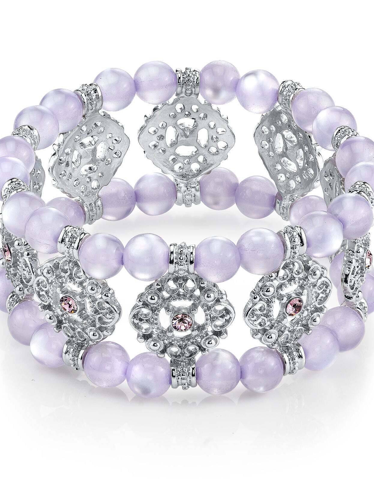 1928 Jewelry Smooth Cat's Eye Beaded Filigree Crystal Stretch Bracelet