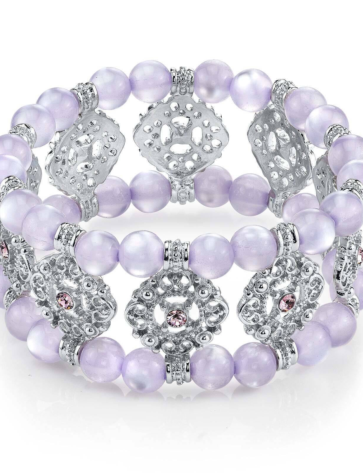 1928 Jewelry Smooth Cat's Eye Beaded Filigree Crystal Stretch Bracelet