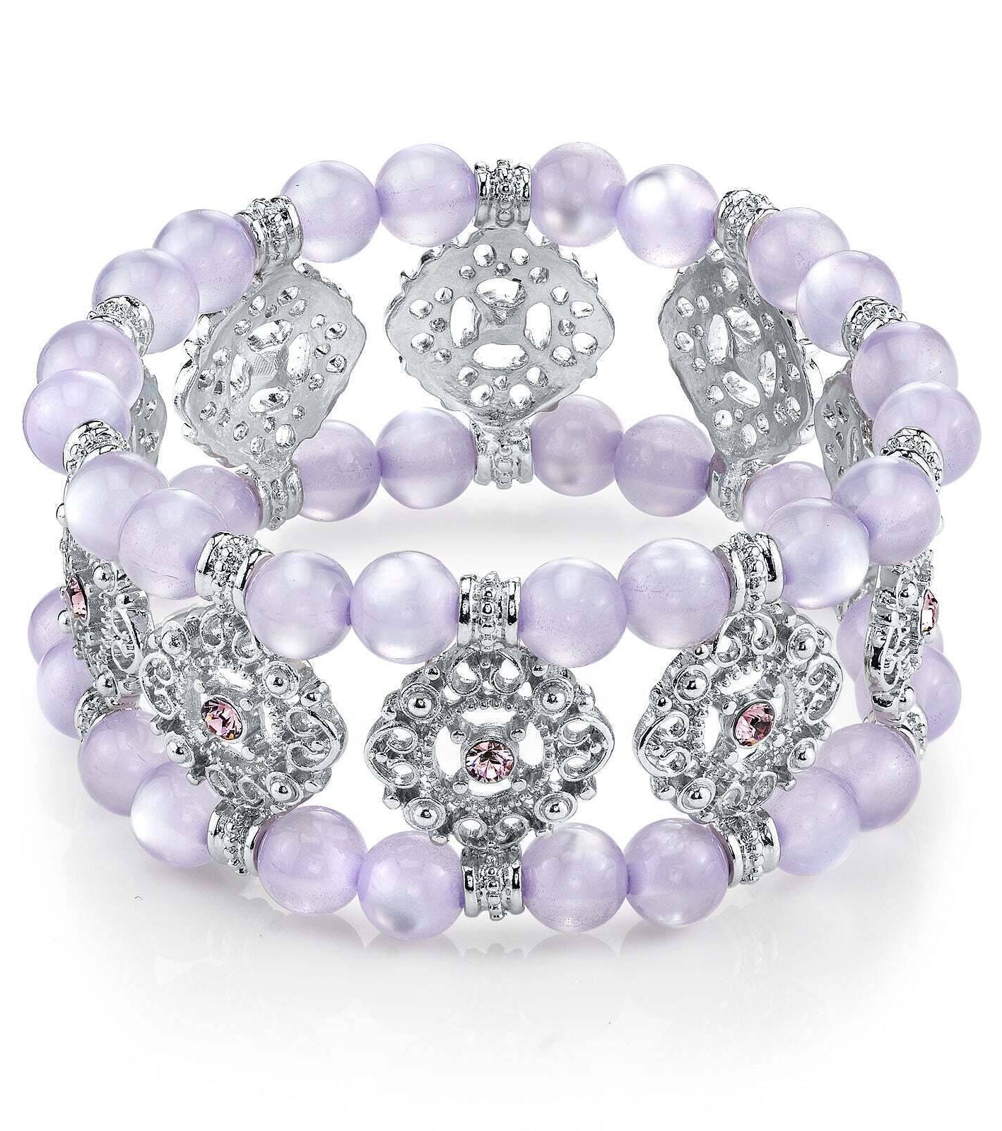 1928 Jewelry Smooth Cat's Eye Beaded Filigree Crystal Stretch Bracelet