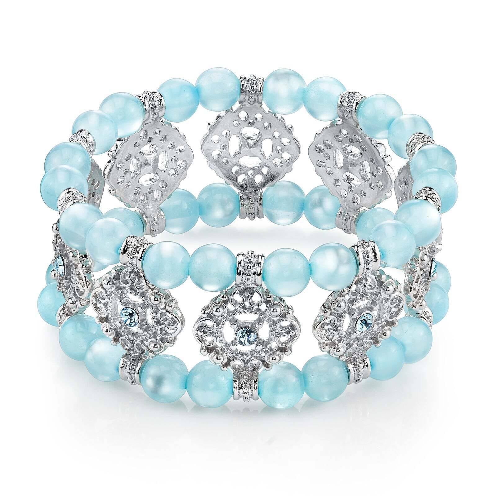 1928 Jewelry Smooth Cat's Eye Beaded Filigree Crystal Stretch Bracelet