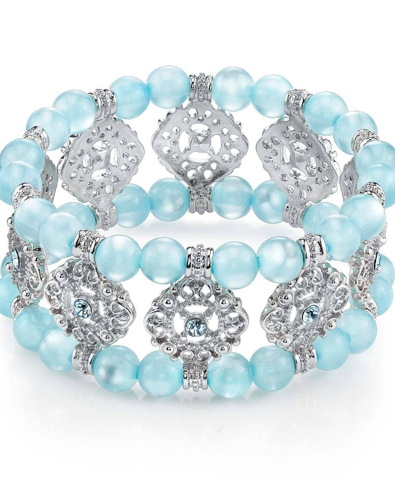 1928 Jewelry Smooth Cat's Eye Beaded Filigree Crystal Stretch Bracelet