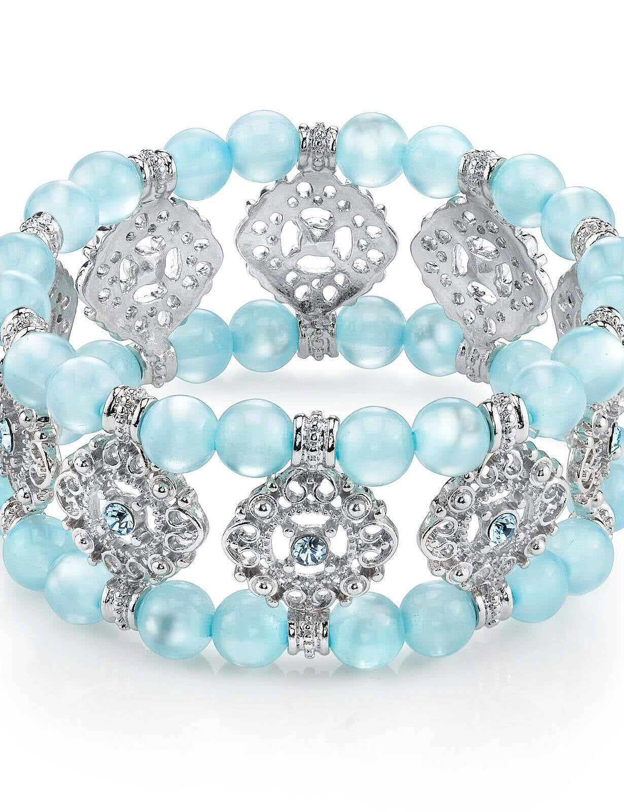 1928 Jewelry Smooth Cat's Eye Beaded Filigree Crystal Stretch Bracelet