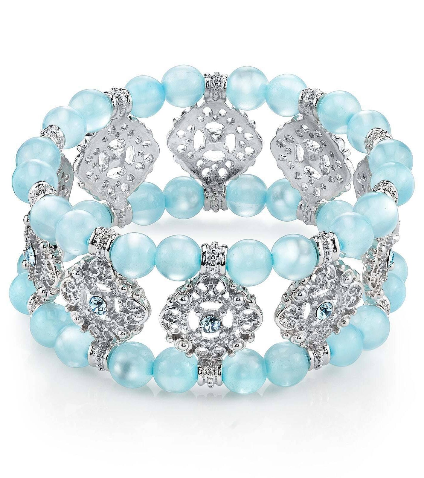 1928 Jewelry Smooth Cat's Eye Beaded Filigree Crystal Stretch Bracelet