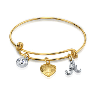 Gold Heart Initial Crystal Charm Bangle Bracelet, 2.5"
