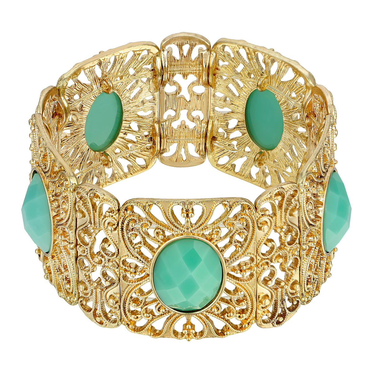 Oval Turquoise Faceted Stone & Gold Tone Filigree Stretch Bracelet
