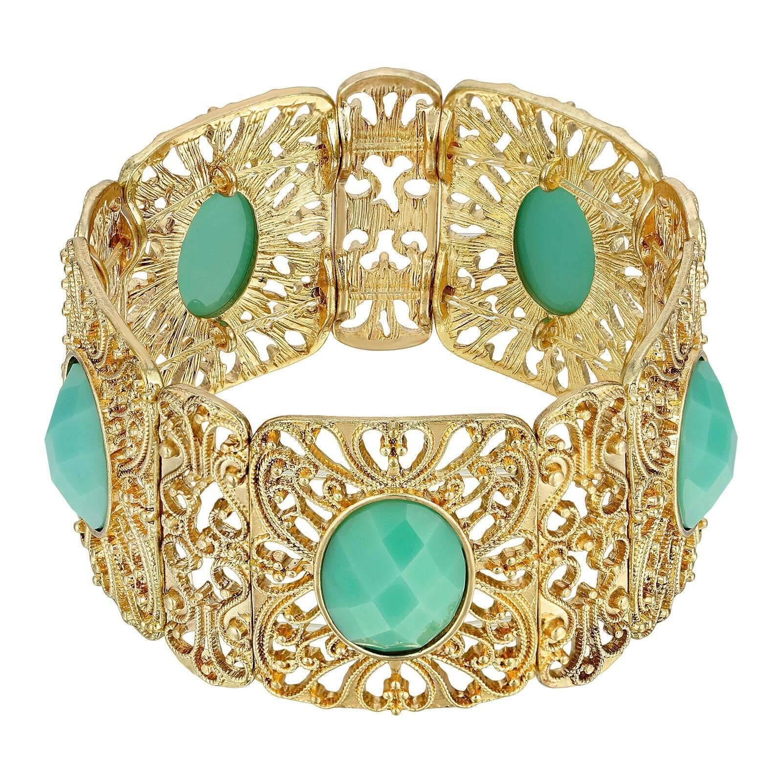 Gold Tone Turquoise Faceted Filigree Stretch Bracelet