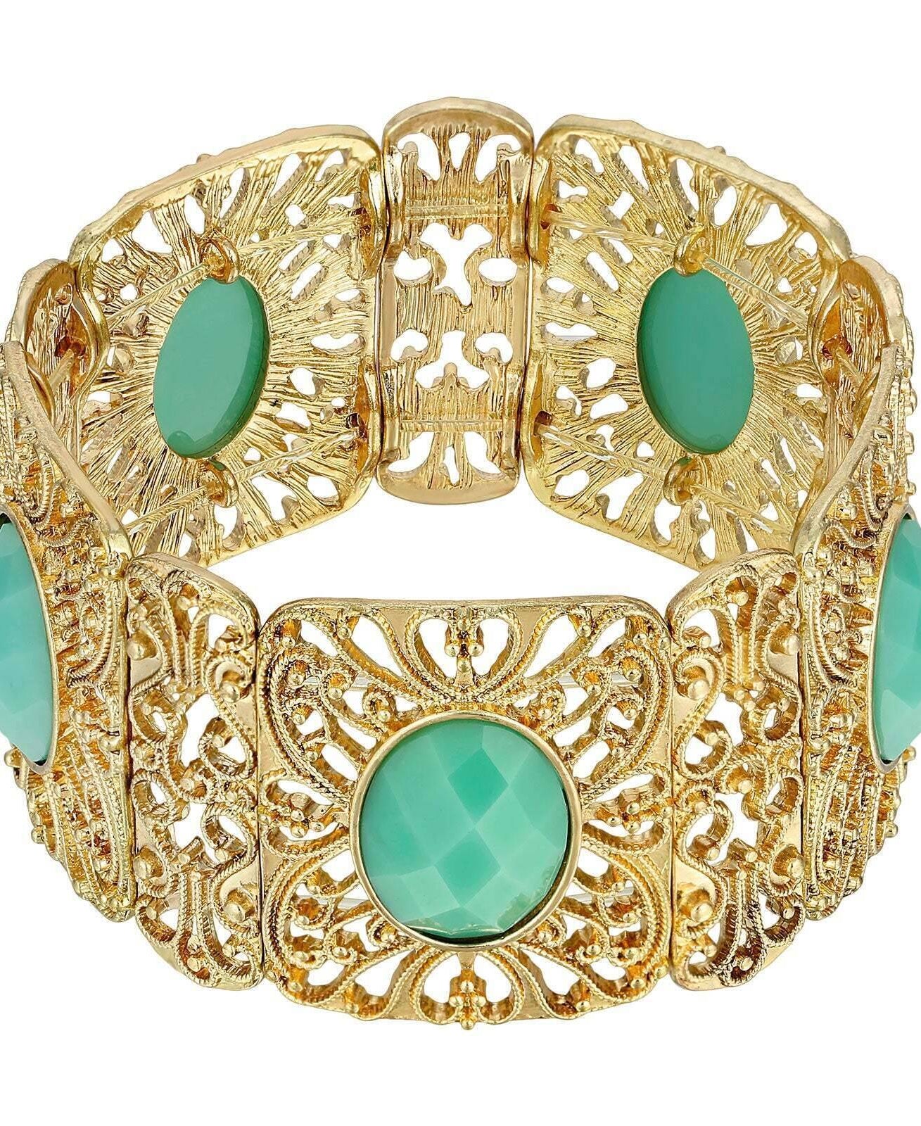 Gold Tone Turquoise Faceted Filigree Stretch Bracelet