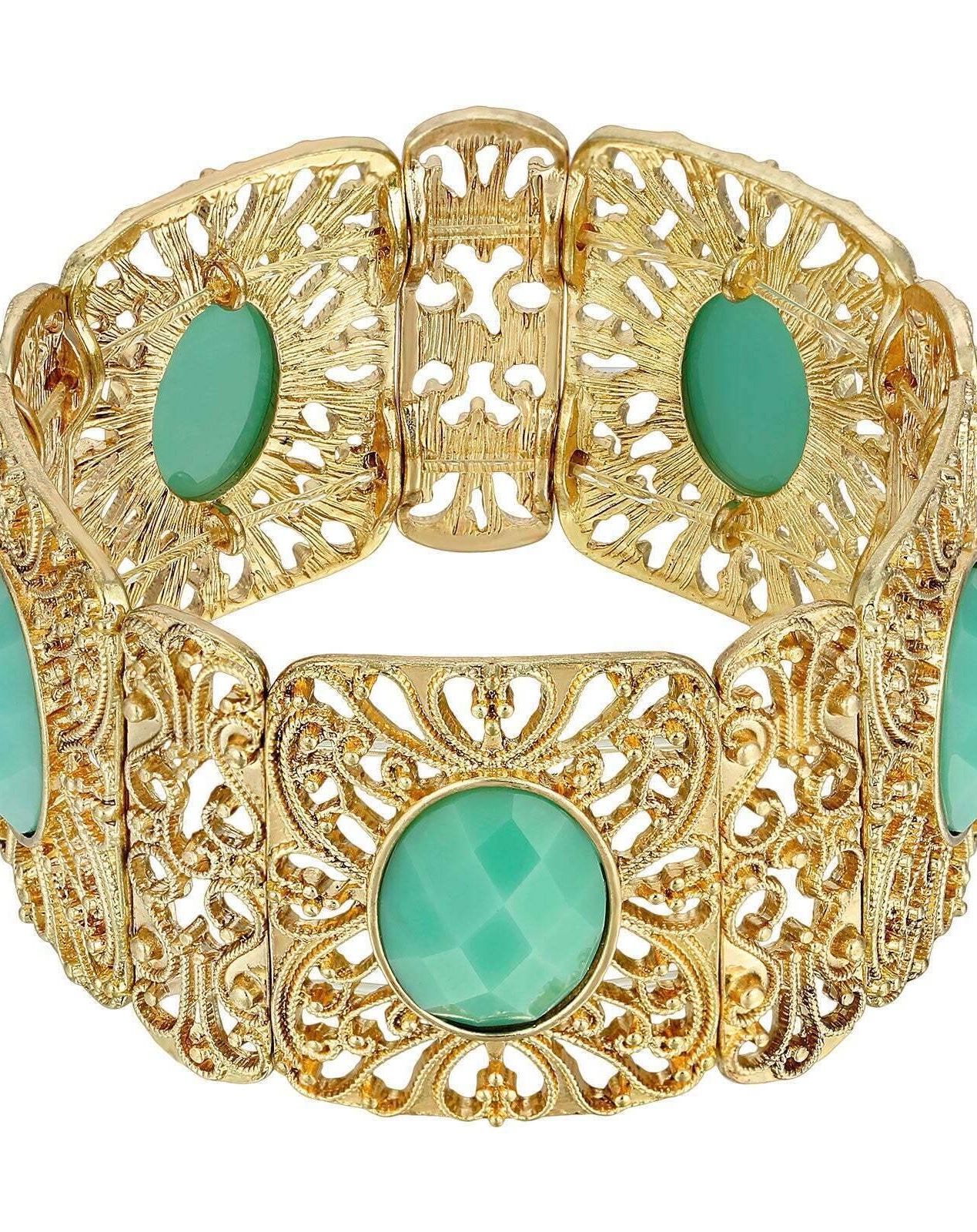 Gold Tone Turquoise Faceted Filigree Stretch Bracelet