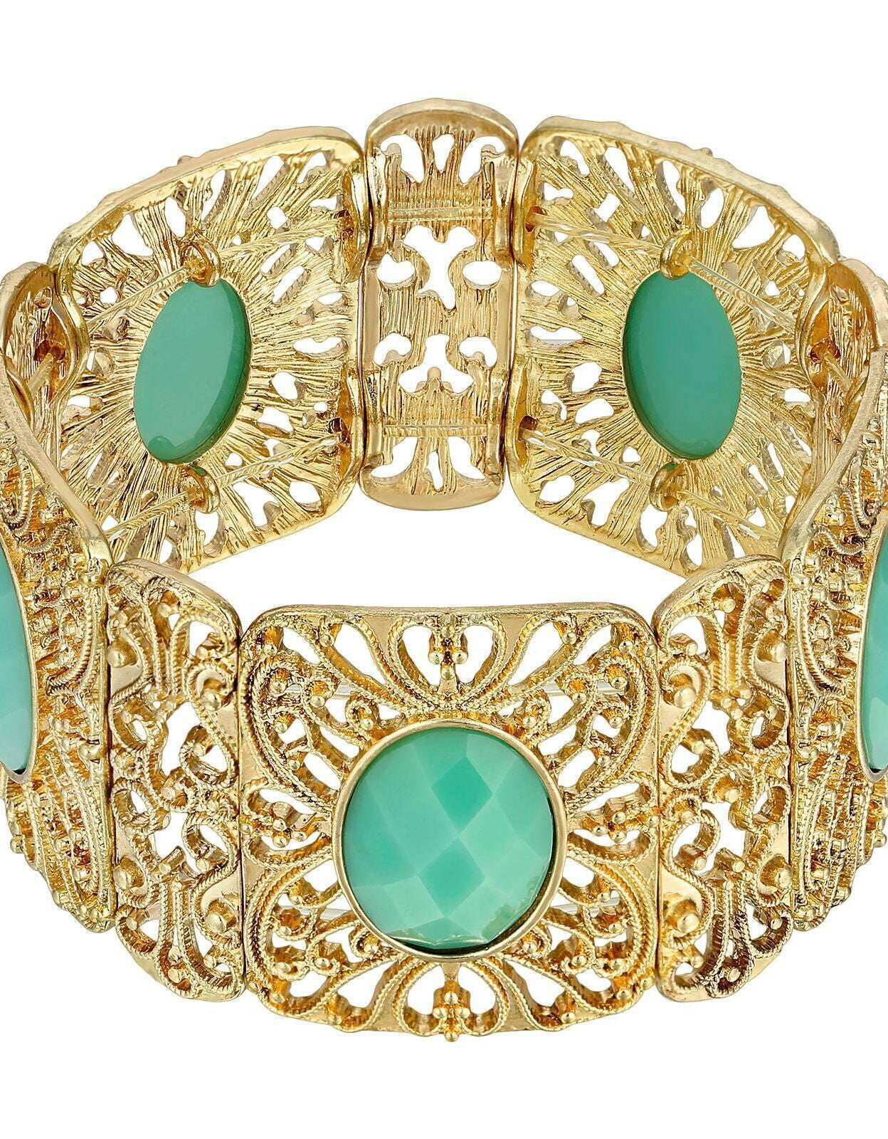 Gold Tone Turquoise Faceted Filigree Stretch Bracelet