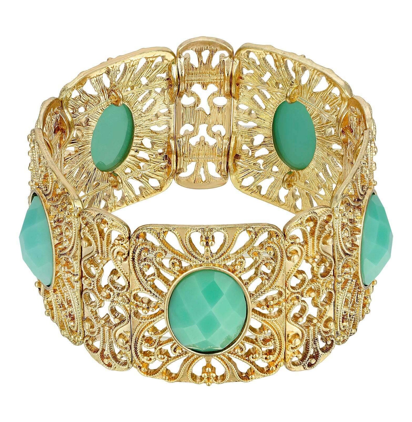 Gold Tone Turquoise Faceted Filigree Stretch Bracelet