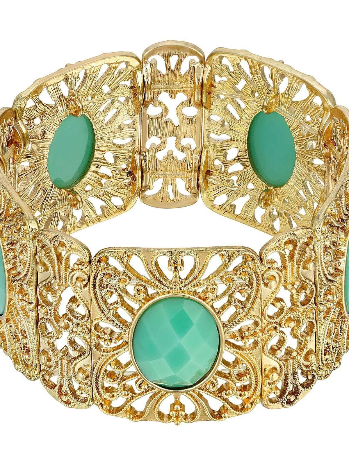 Gold Tone Turquoise Faceted Filigree Stretch Bracelet