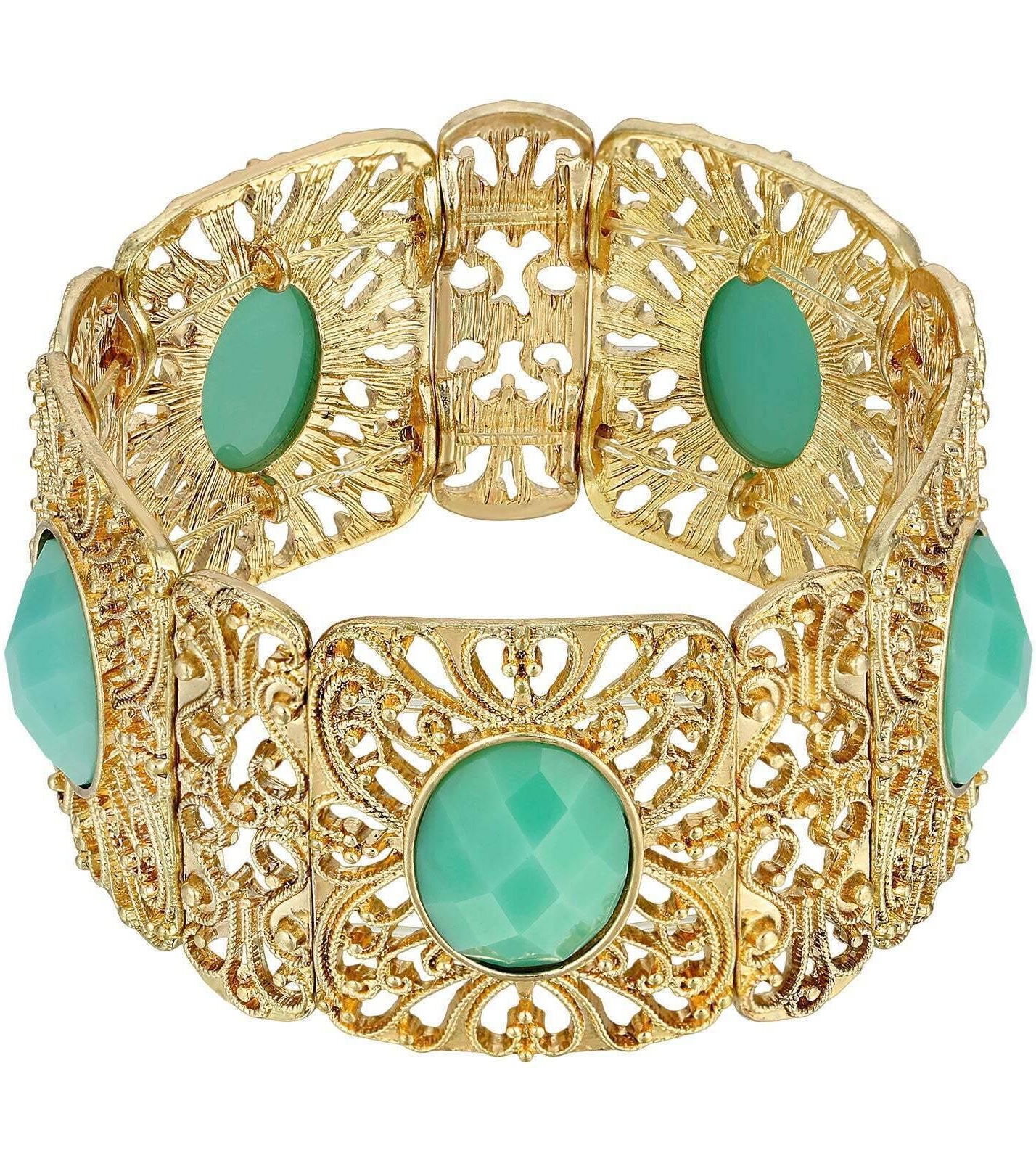 Gold Tone Turquoise Faceted Filigree Stretch Bracelet