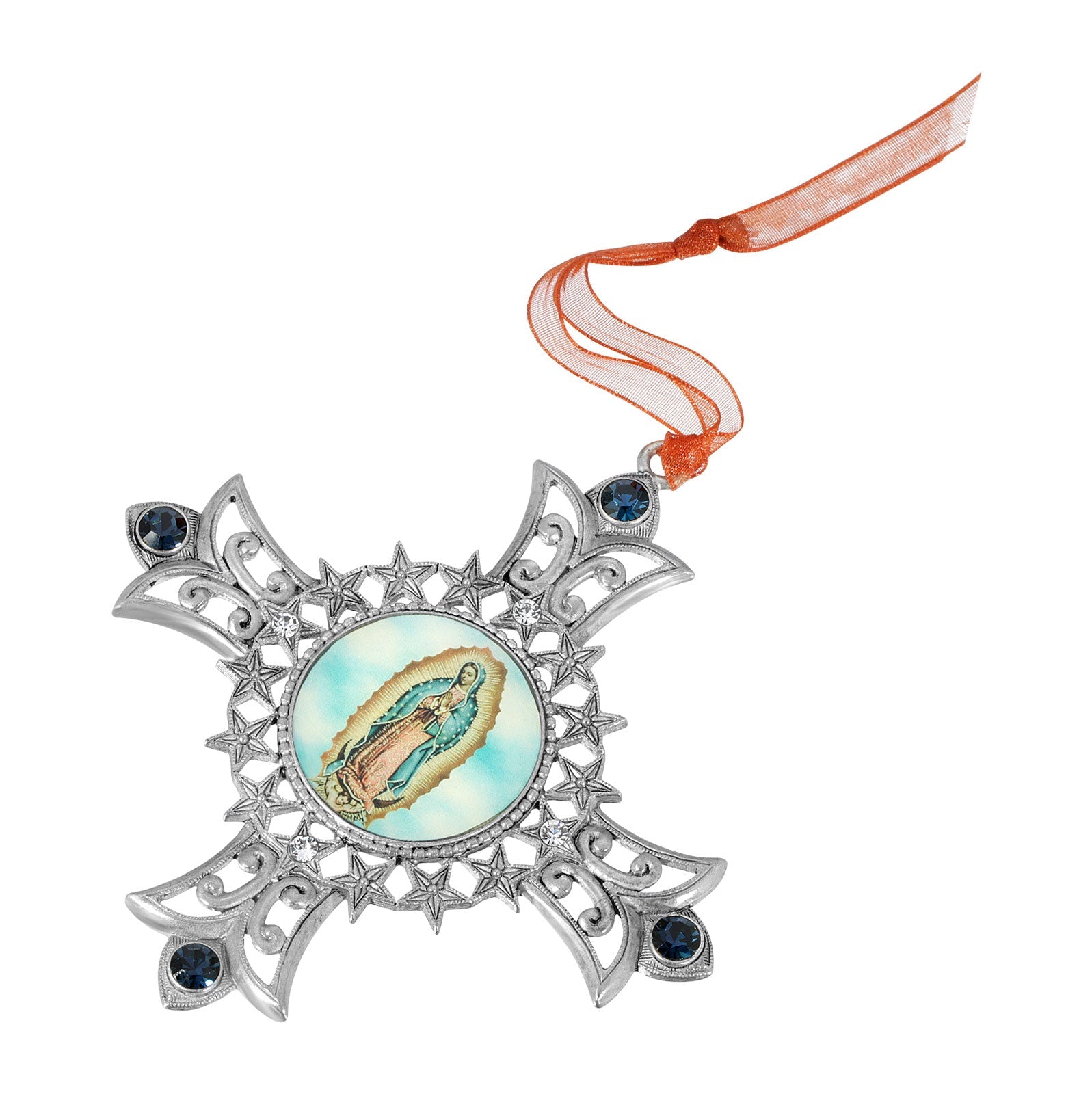 Symbols of Faith Cross & Our Lady Of Guadalupe Decal Blue European Crystal Christmas Tree Ornament