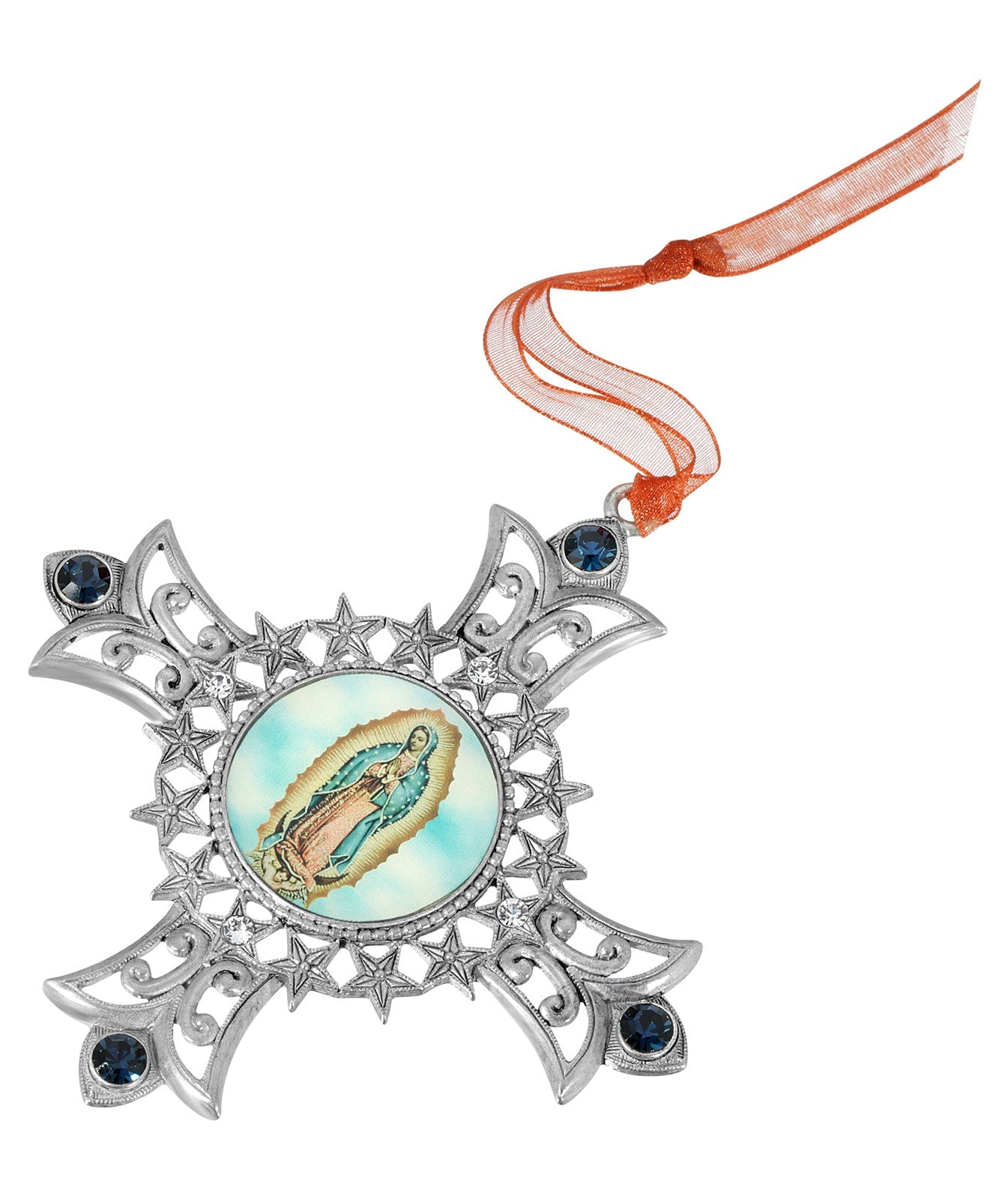 Symbols of Faith Cross & Our Lady Of Guadalupe Decal Blue European Crystal Christmas Tree Ornament