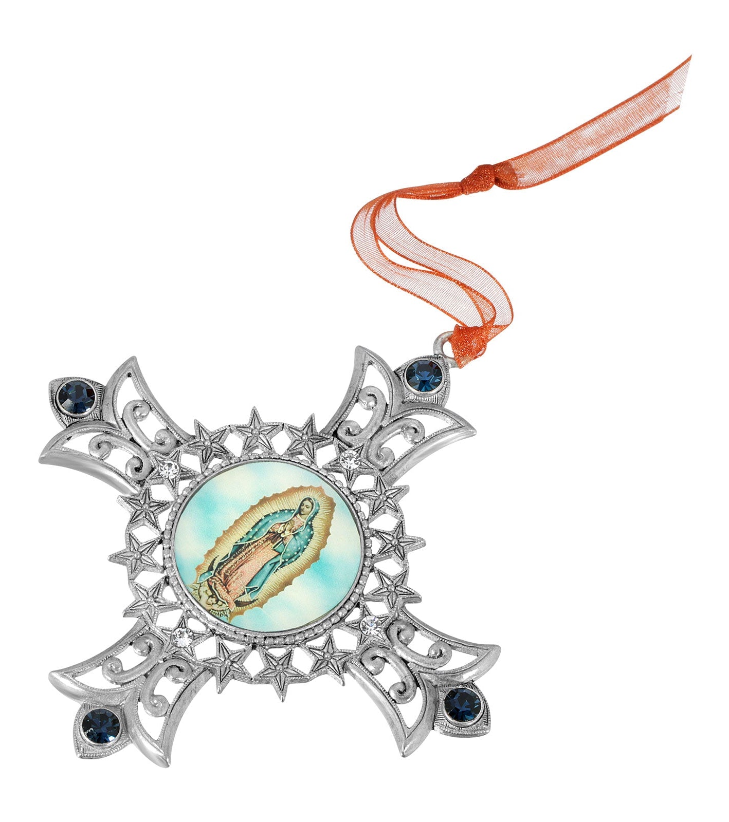 Symbols of Faith Cross & Our Lady Of Guadalupe Decal Blue European Crystal Christmas Tree Ornament