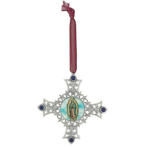 Symbols of Faith Cross & Our Lady Of Guadalupe Decal Blue European Crystal Christmas Tree Ornament