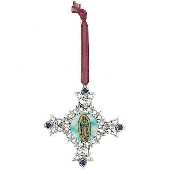 Symbols of Faith Cross & Our Lady Of Guadalupe Decal Blue European Crystal Christmas Tree Ornament