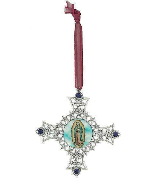 Symbols of Faith Cross & Our Lady Of Guadalupe Decal Blue European Crystal Christmas Tree Ornament