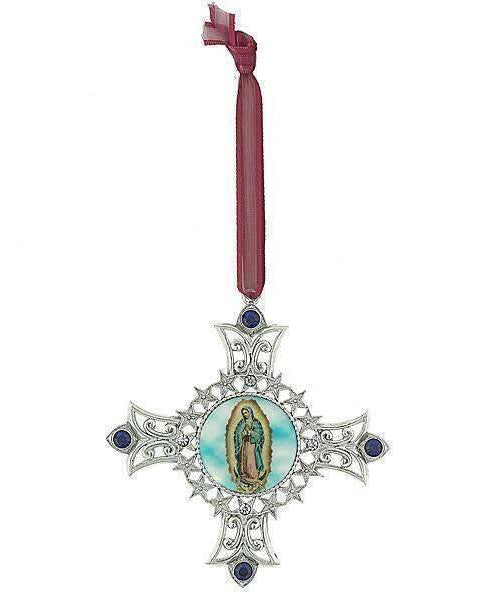 Symbols of Faith Cross & Our Lady Of Guadalupe Decal Blue European Crystal Christmas Tree Ornament