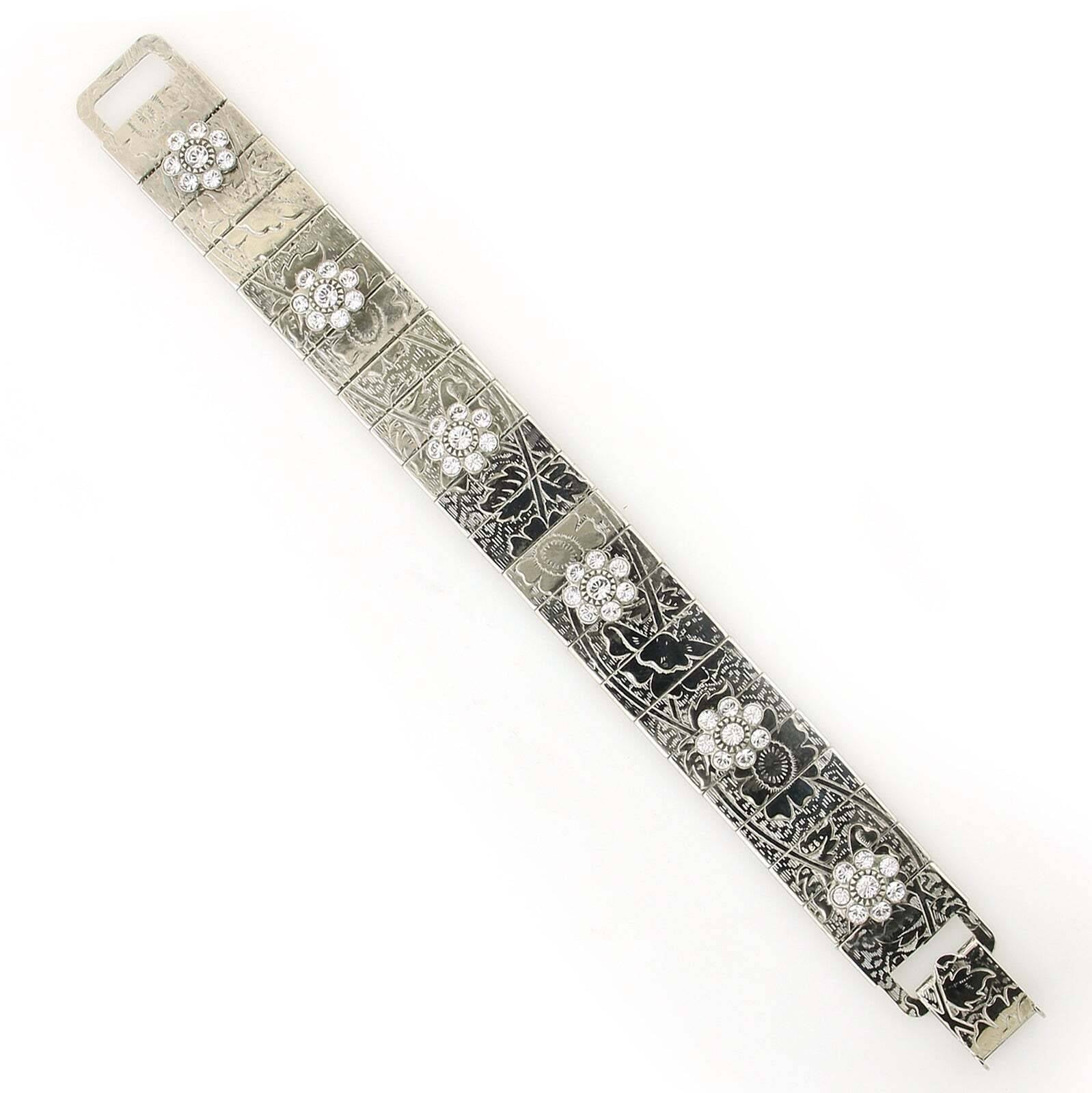 1928 Jewelry Crystal Flower Etched Floral Clasp Bracelet