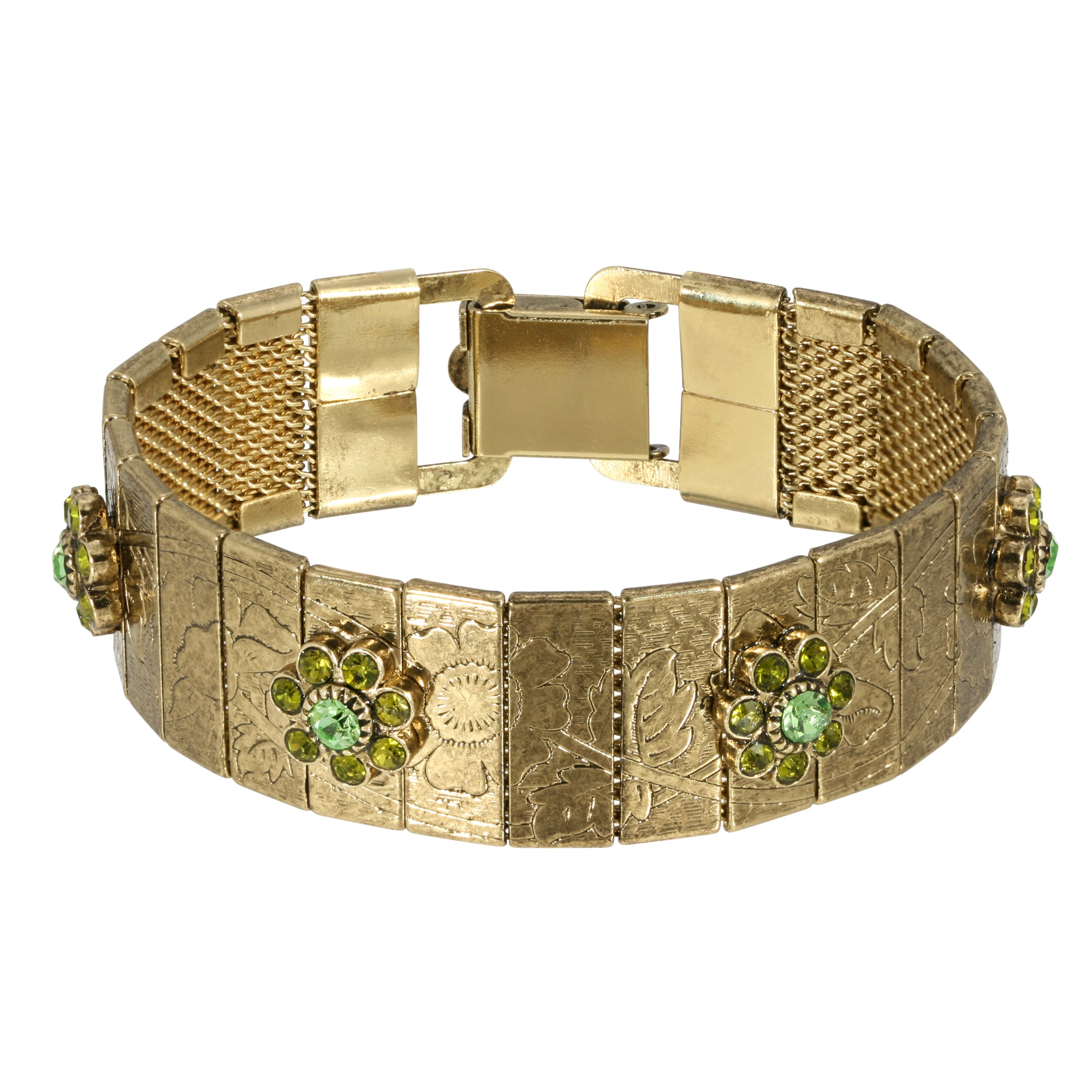 Gold tone Etched Floral Green Crystal Link Bracelet