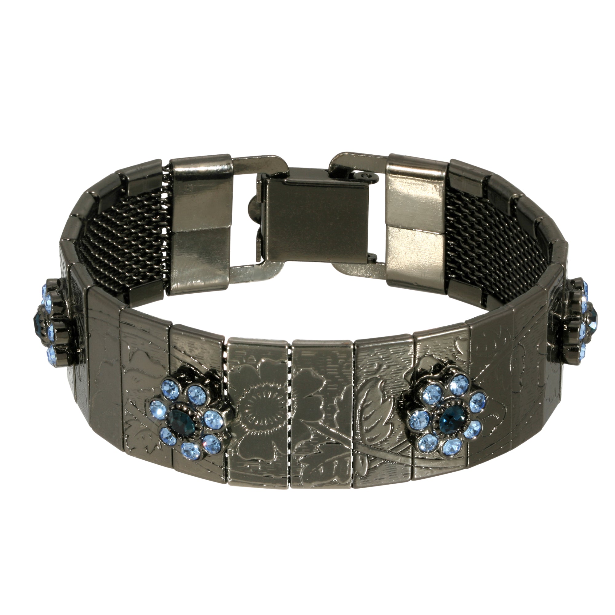Black tone Etched Floral Light Blue Sapphire Crystal Link Bracelet