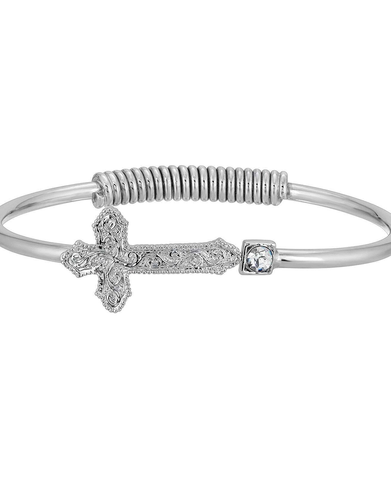 1928 Jewelry Silver Vine Cross Round Crystal Hinge Bangle Bracelet
