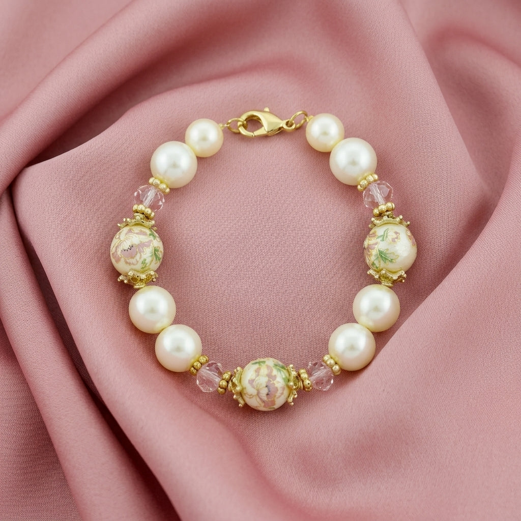 Gold tone floral decal white faux pearl bracelet with floral designs on pink fabric