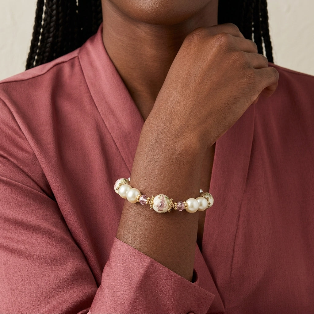 Woman in a dark pink dress wearing a floral decal white faux pearl bracelet with floral designs