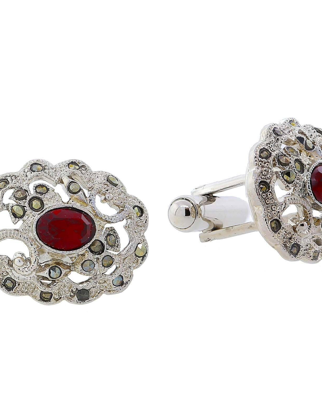 1928 Jewelry Marcasite Stones & Siam Red Crystal Vintage Inspired Cufflinks