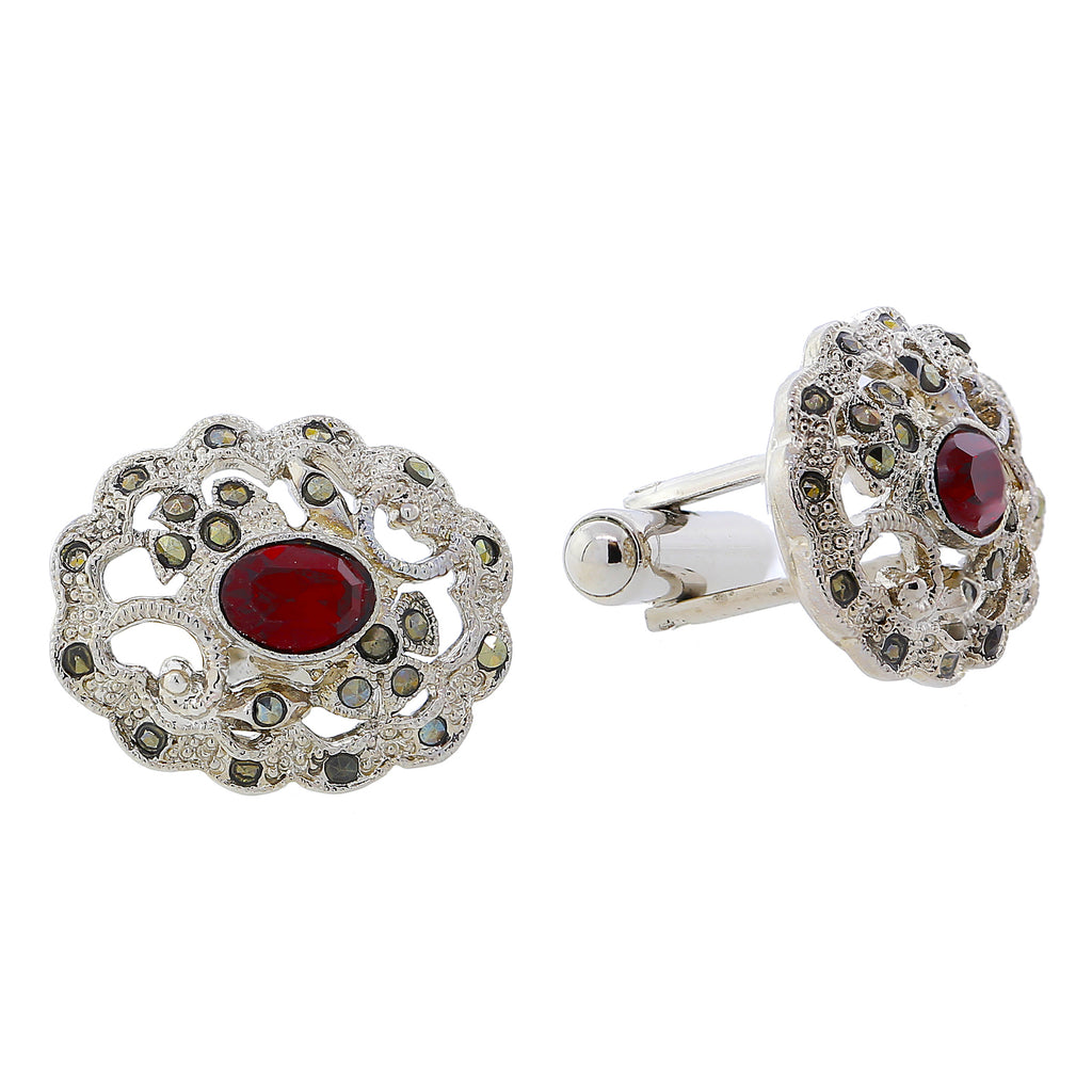 1928 Jewelry Marcasite Stones & Siam Red Crystal Vintage Inspired Cufflinks