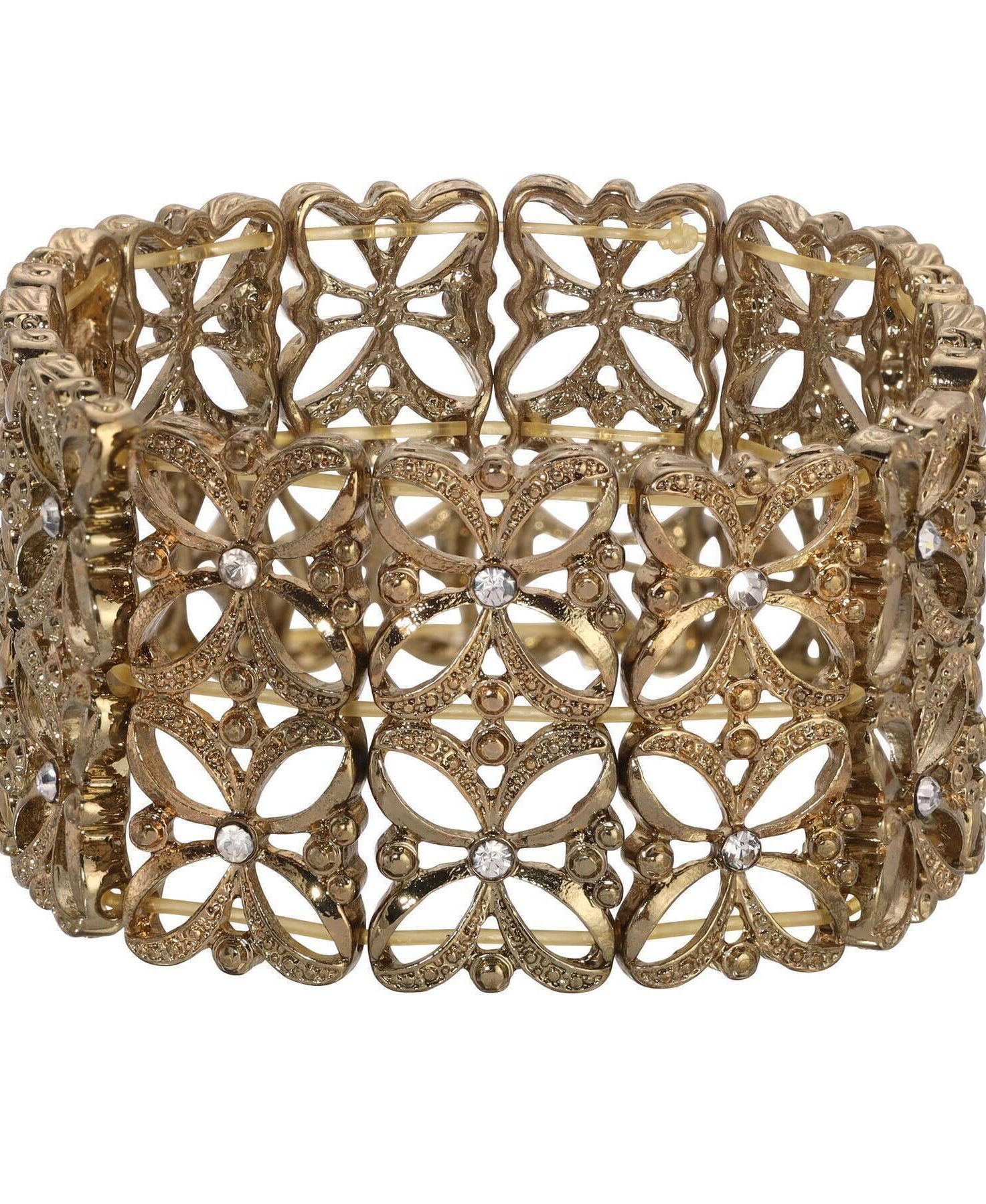 2028 Jewelry Ornate Filigree Flowers & Crystal Wide Stretch Bracelet