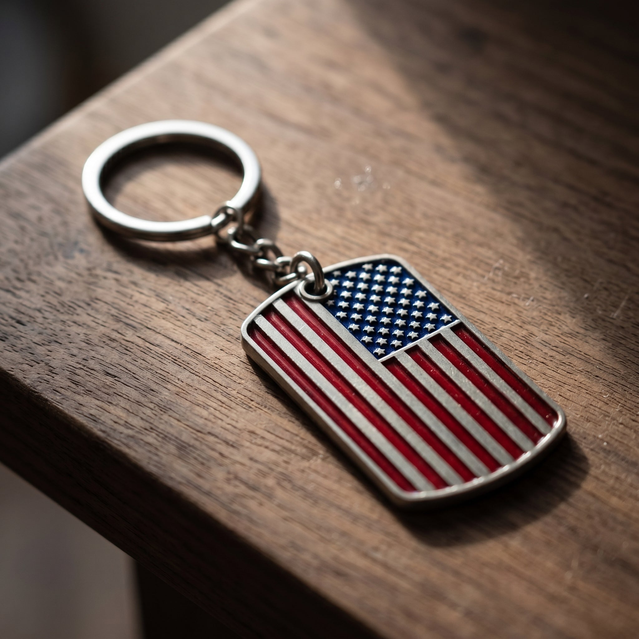 American Flag Dog Tag Key Chain on a wooden surface