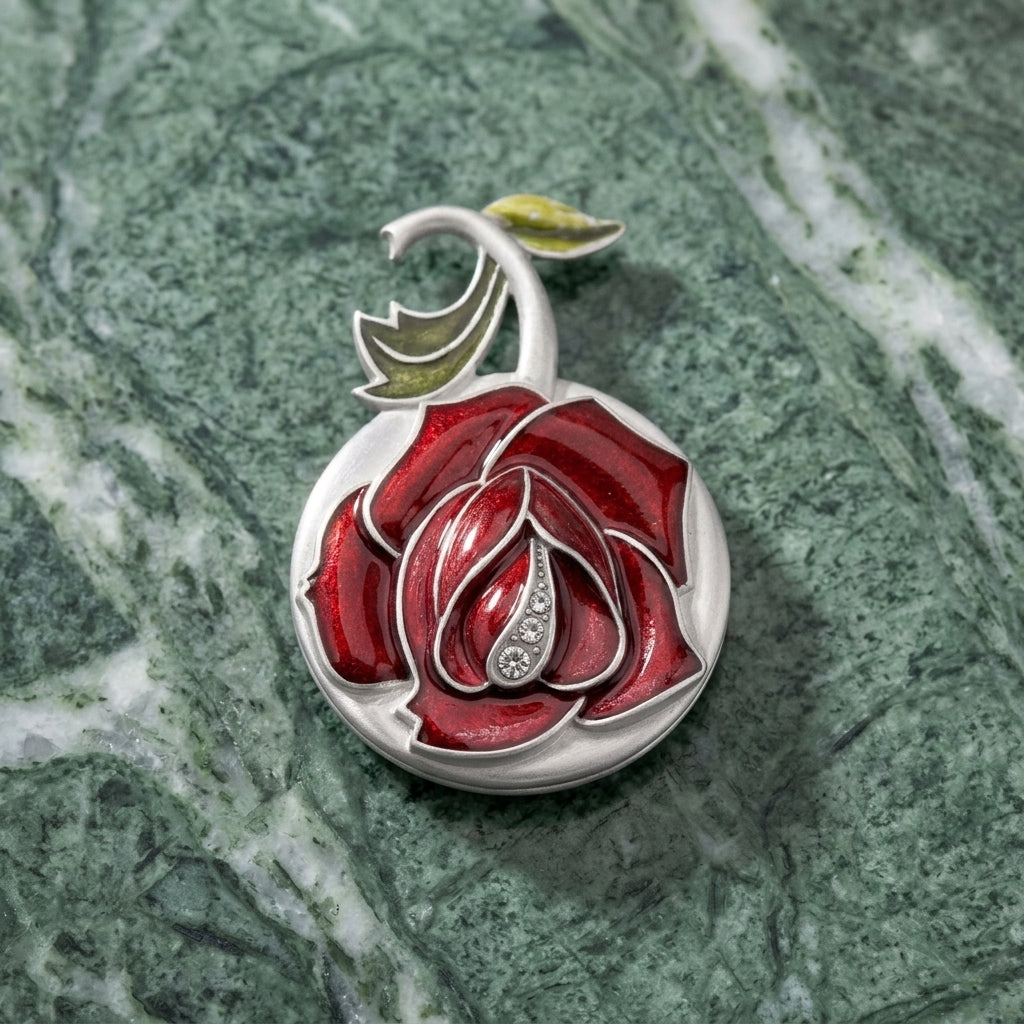 Pewter Red Rose Vanity Pocket & Purse Mirror on a green marble background