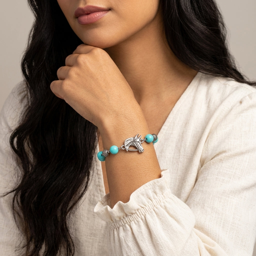 Woman wearing a Southwest Turquoise Bead Horse Head Link Bracelet