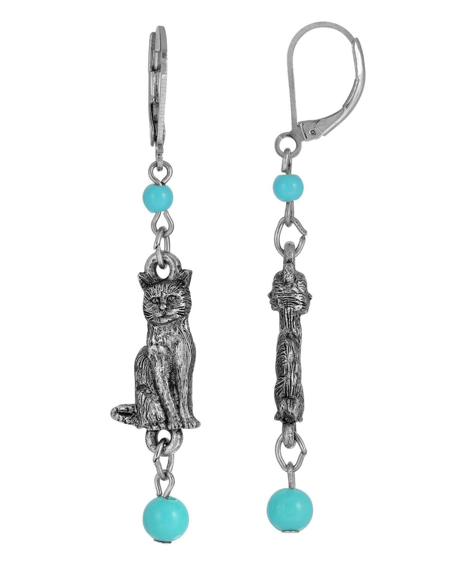 1928 Jewelry Round Smooth Bead Sitting Cat Drop Earrings