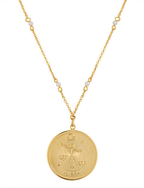 1928 Jewelry Round Zodiac Pendant Necklace With Faux Pearl Accents 20"