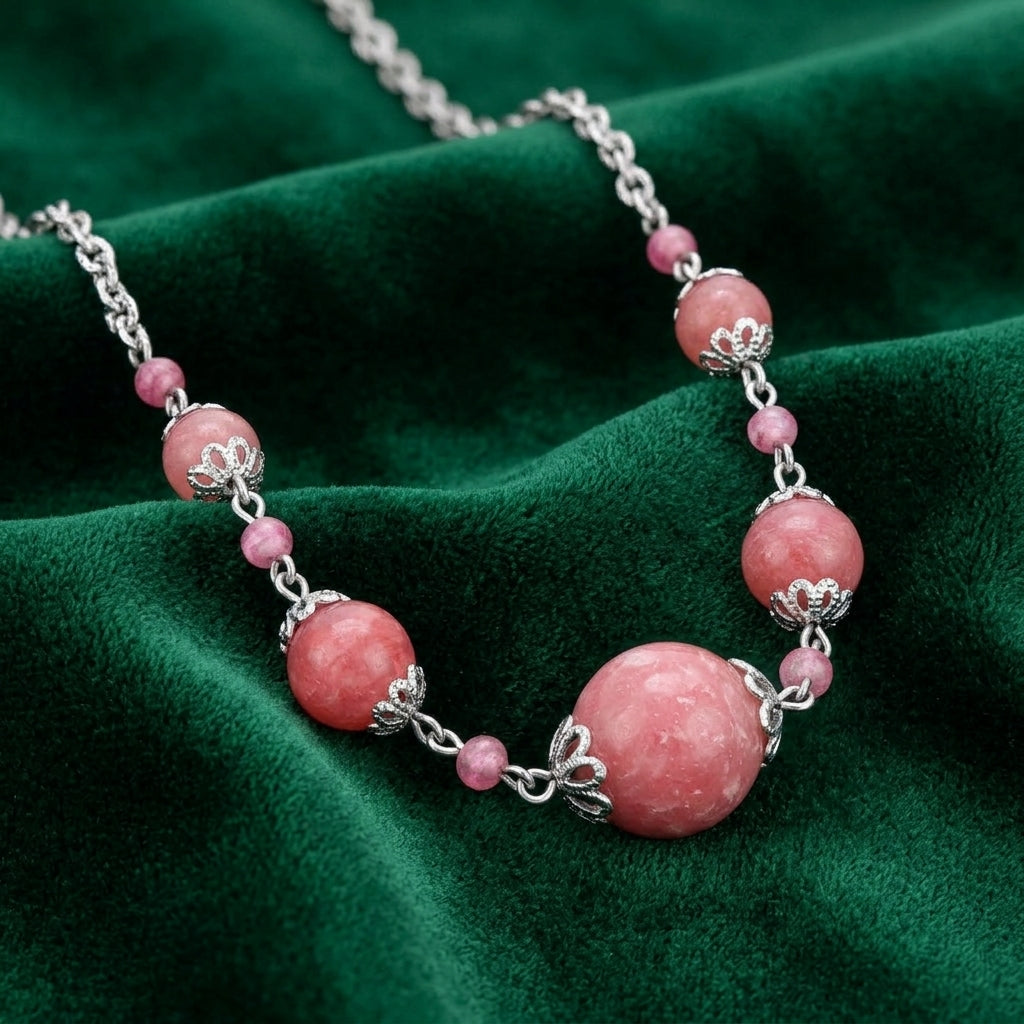 Necklace with pink beads and a silver tone chain on a green fabric background