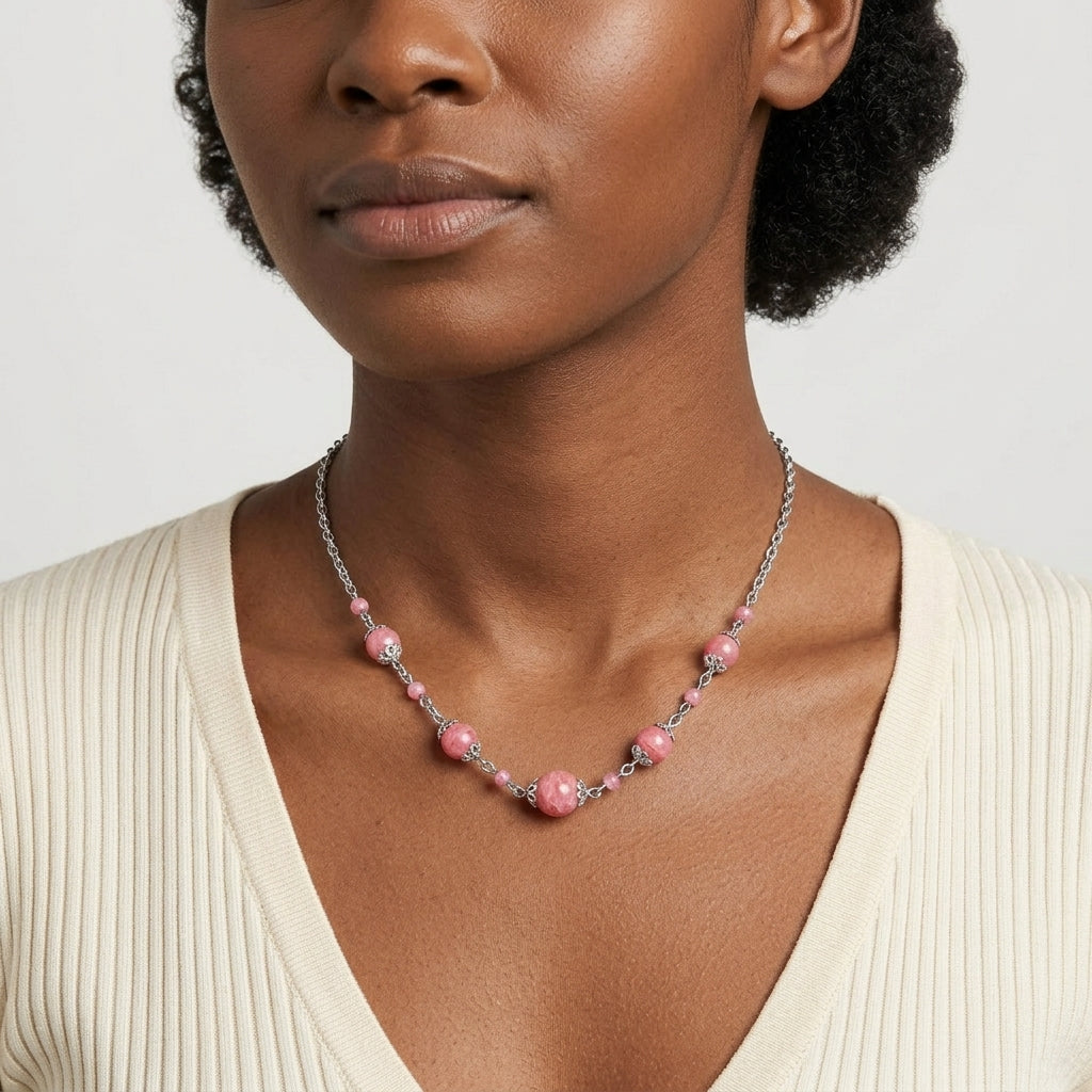 Woman wearing a pink beaded necklace against a neutral background