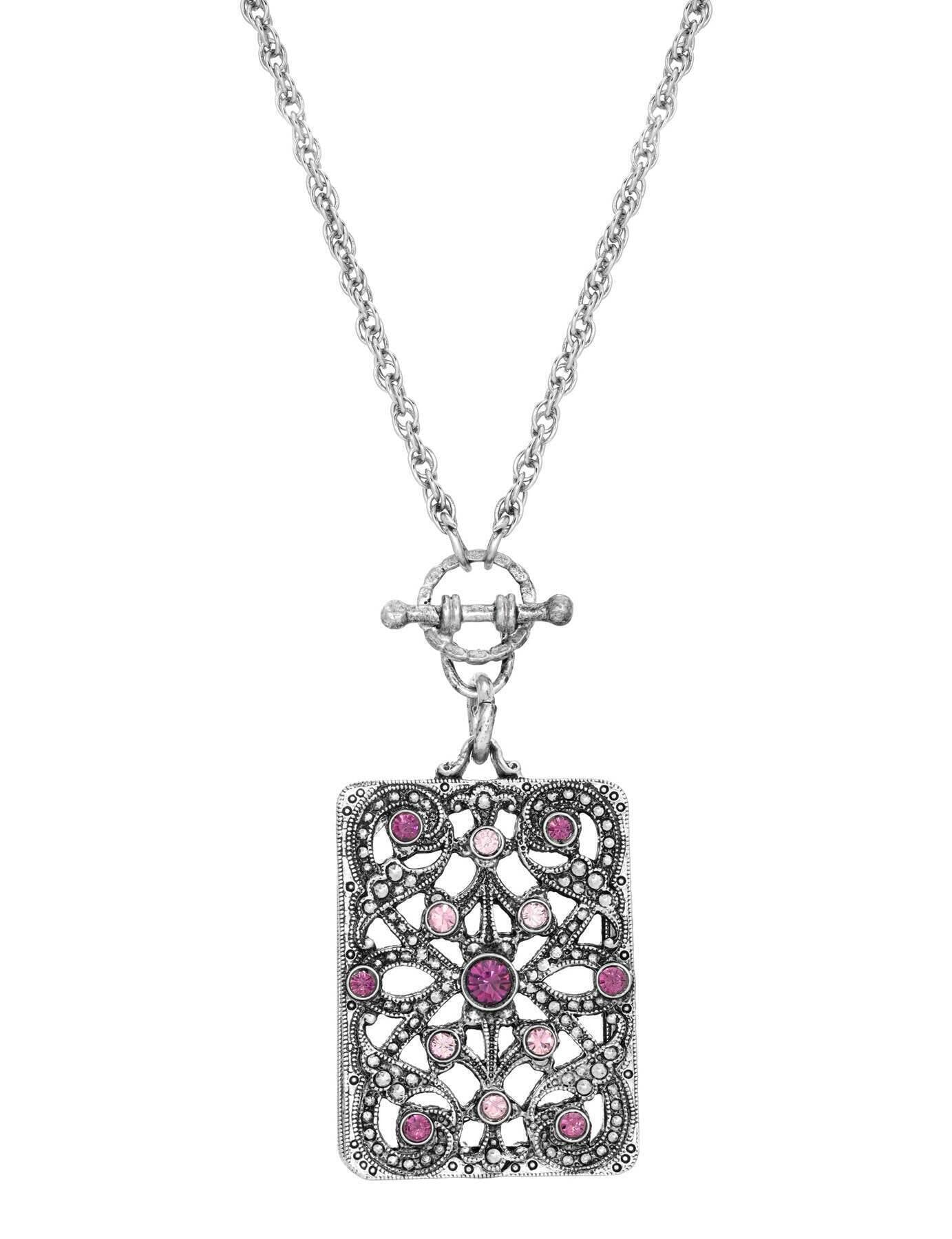 1928 Jewelry Purple Amethyst Crystal Filigree Mirror Pendant Necklace 28"