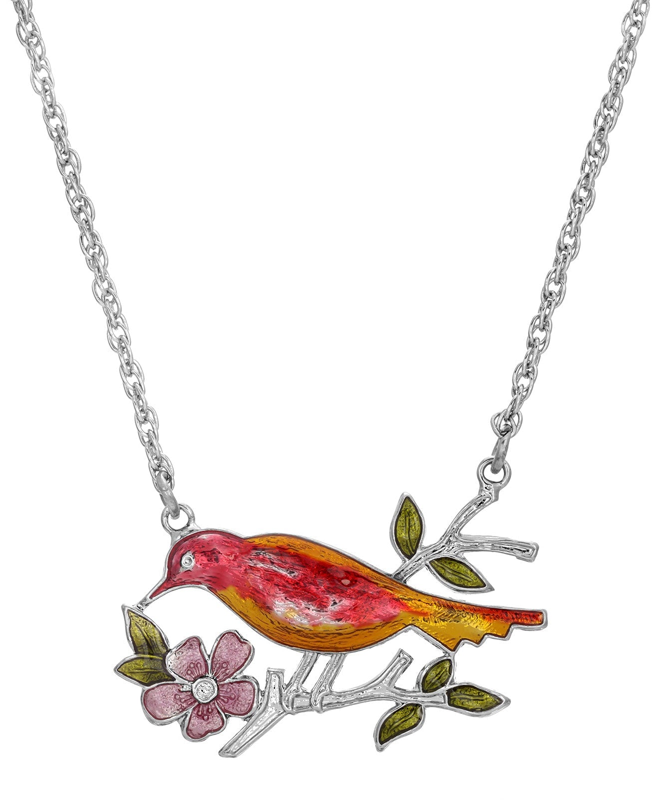 1928 Jewelry Enameled Perched Bird Pendant Necklace 18"