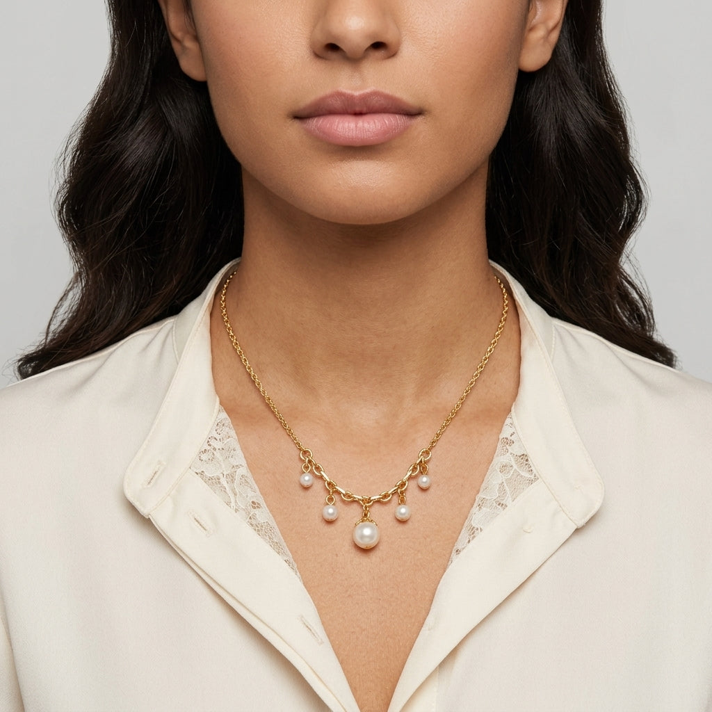 Gold tone Cinque White Faux Pearl Drop Necklace worn by a woman in a white top.